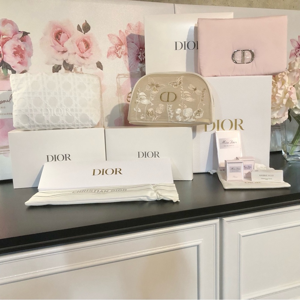 Rare Dior Beauty Limited Edition Set 3 Pouches + Toile de Jouy Folding Fan NEW